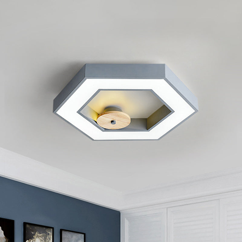 Hexagon Frame Metallic LED Macaron Flush Mount Ceiling Lighting in Green/Grey/Black and Wood for Bedroom