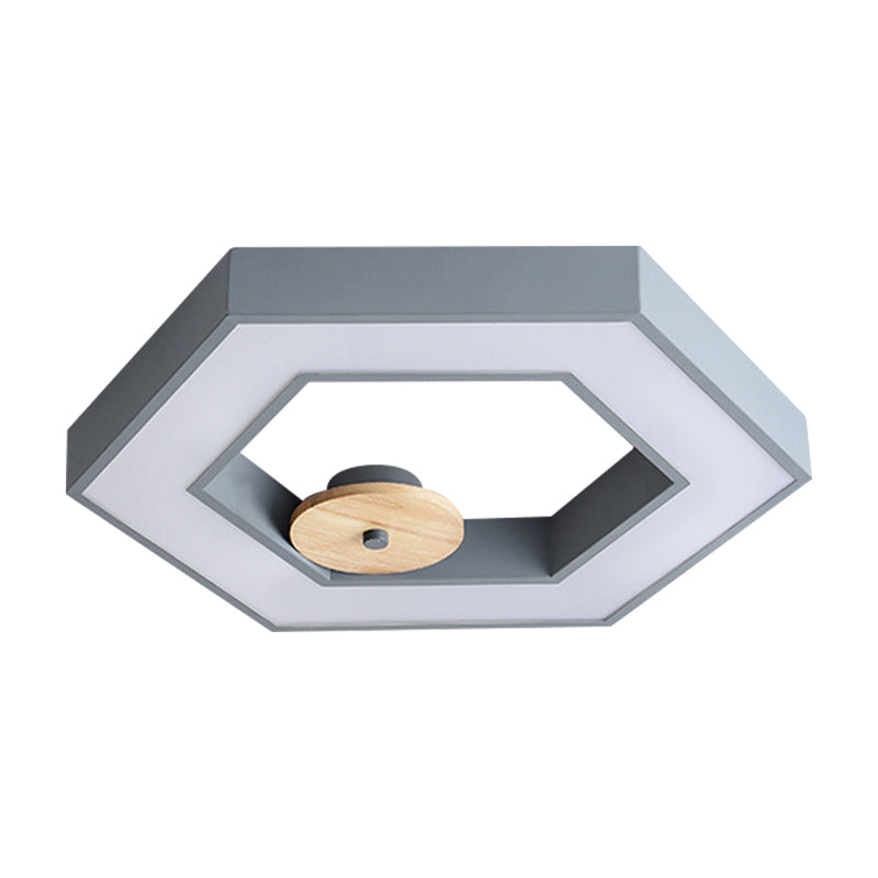 Hexagon Frame Metallic Led Macaron Flush Mount Ceiling Lighting In Green/Grey/Black And Wood For