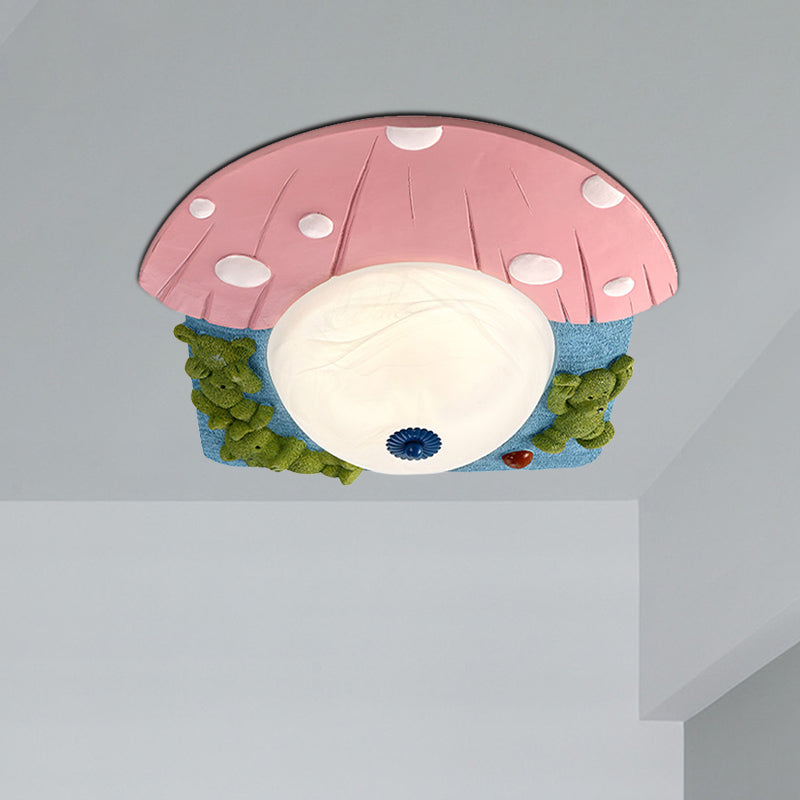 Cartoon Bear Ceiling Mounted Led Flush Light For Kids Rooms - Red/Blue With White Glass Shade