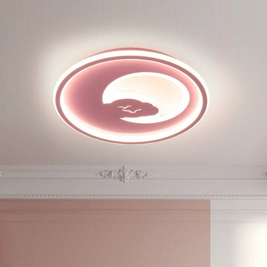 Modern LED Bedroom Light: White/Pink Flush Mount Ceiling Fixture with Moon Acrylic Shade