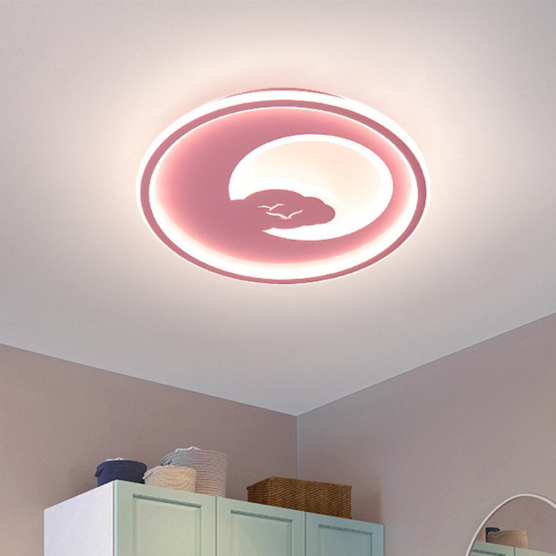 Modern LED Bedroom Light: White/Pink Flush Mount Ceiling Fixture with Moon Acrylic Shade