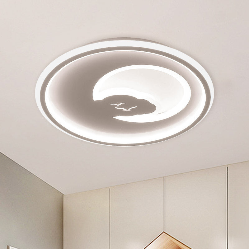 Modern LED Bedroom Light: White/Pink Flush Mount Ceiling Fixture with Moon Acrylic Shade