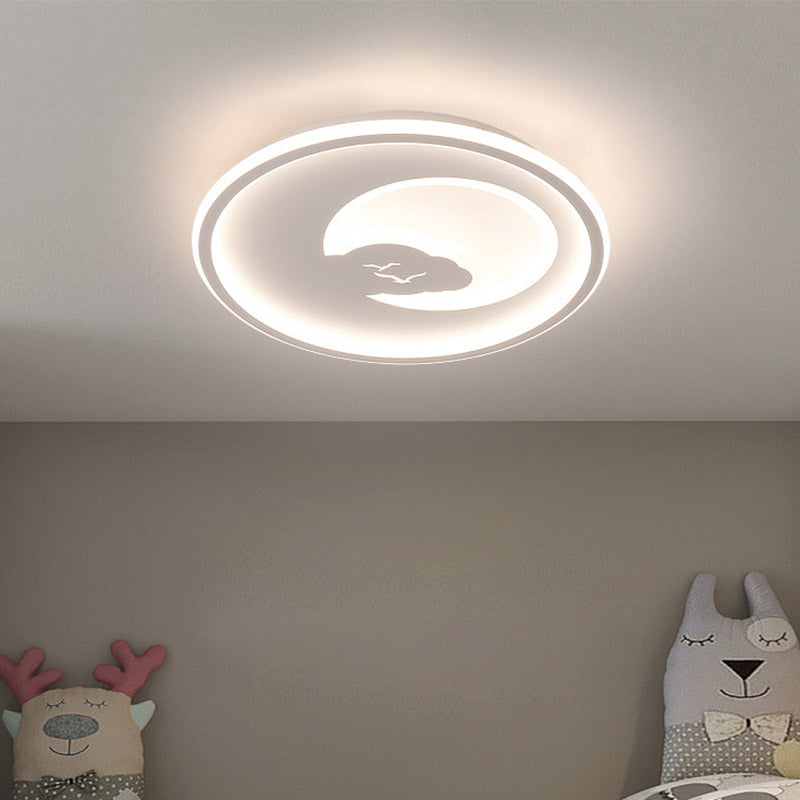 Modern LED Bedroom Light: White/Pink Flush Mount Ceiling Fixture with Moon Acrylic Shade