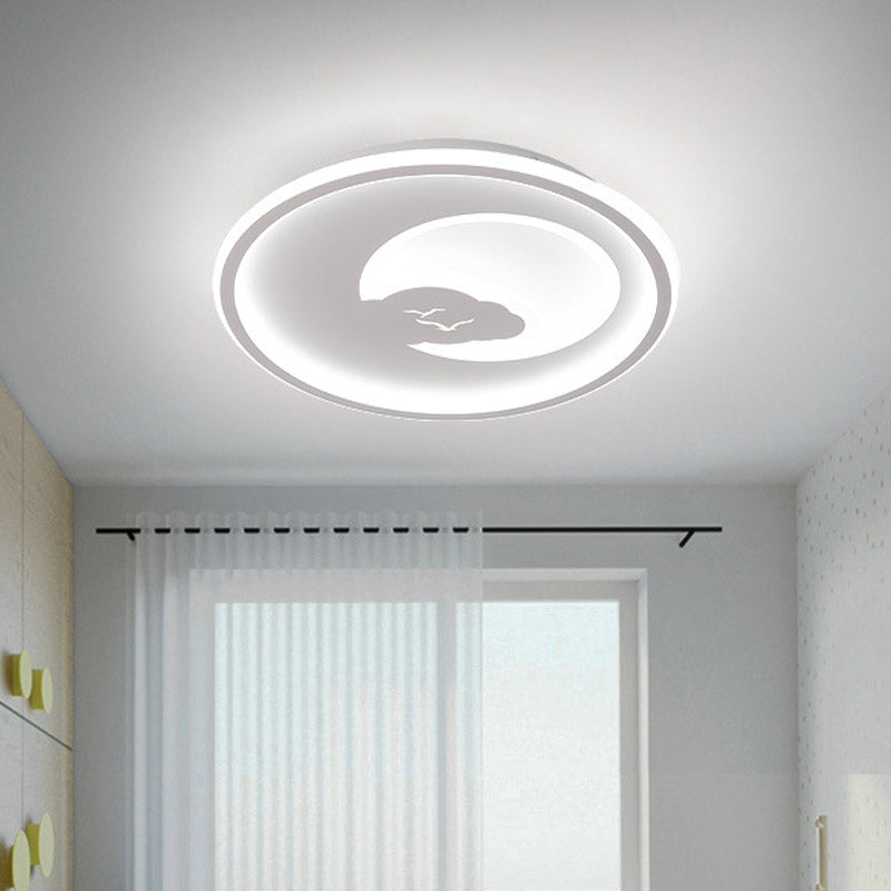 Modern LED Bedroom Light: White/Pink Flush Mount Ceiling Fixture with Moon Acrylic Shade