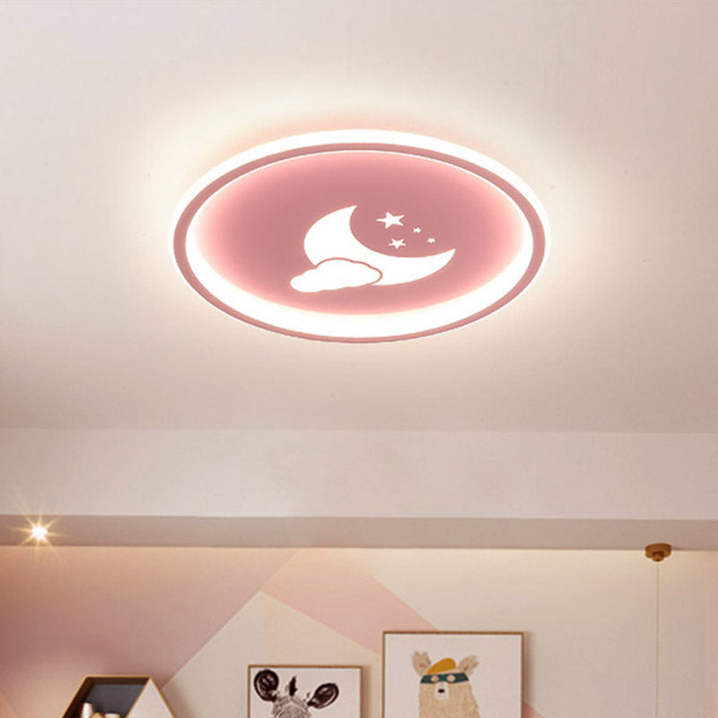 Contemporary Moon and Star Pink/White Round Acrylic LED Ceiling Light