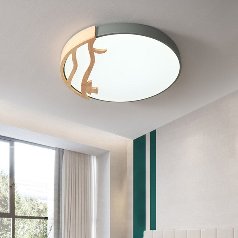 Modern Drum Flush Mount Lamp - Acrylic LED Bedroom Ceiling Light in Green/Gray/White
