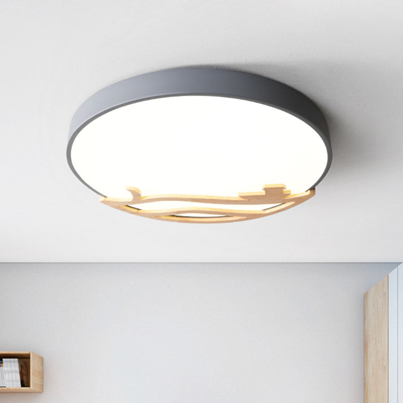 Modern Drum Flush Mount Lamp - Acrylic LED Bedroom Ceiling Light in Green/Gray/White