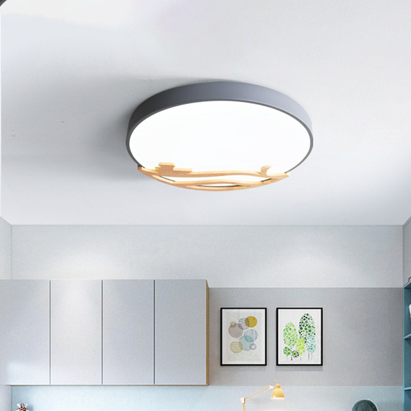 Modern Drum Flush Mount Lamp - Acrylic LED Bedroom Ceiling Light in Green/Gray/White