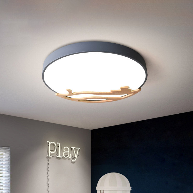 Modern Drum Flush Mount Lamp - Acrylic LED Bedroom Ceiling Light in Green/Gray/White