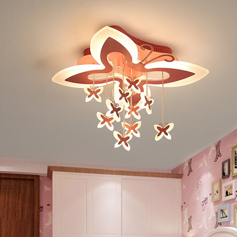 LED Bedroom Flush Light: Pink Ceiling Mounted Fixture with Butterfly Acrylic Shade in Warm/White Light