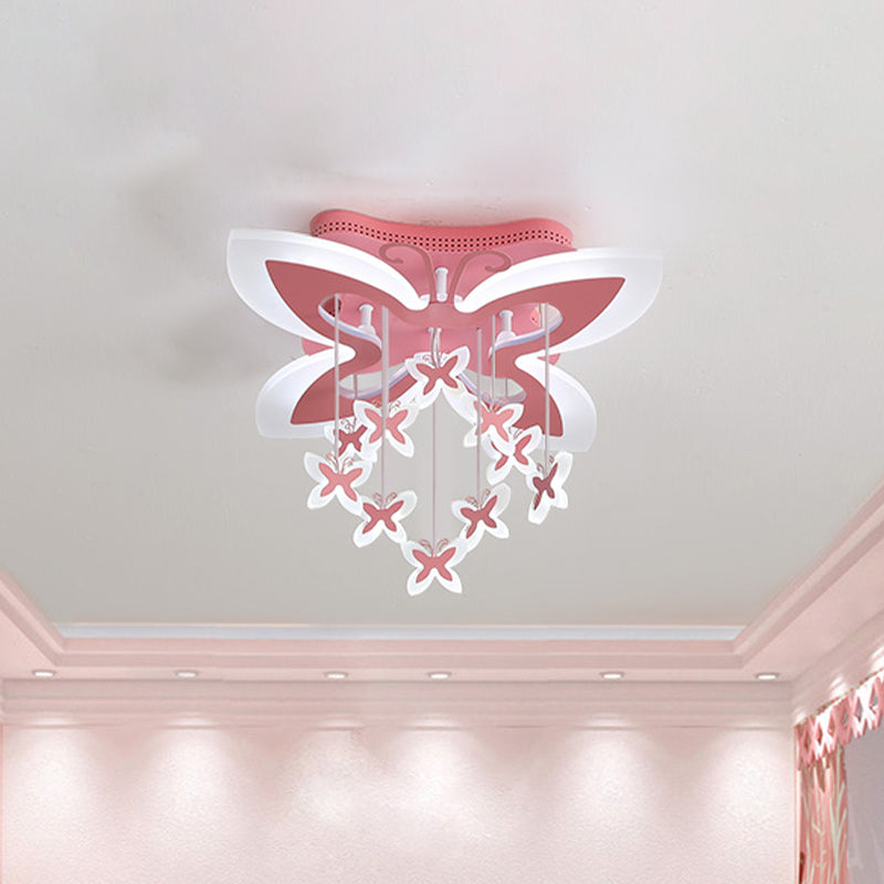 LED Bedroom Flush Light: Pink Ceiling Mounted Fixture with Butterfly Acrylic Shade in Warm/White Light