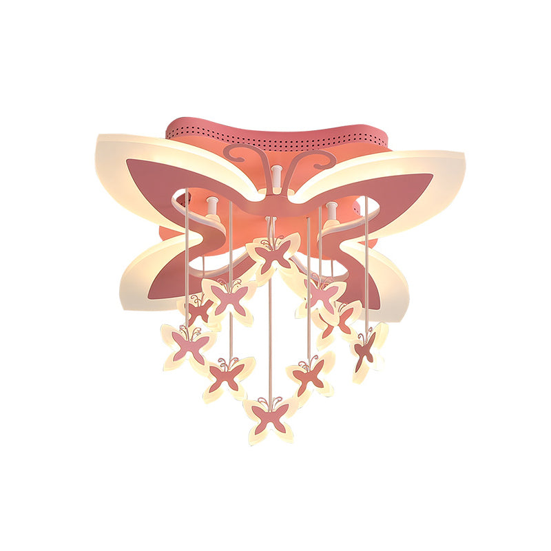 LED Bedroom Flush Light: Pink Ceiling Mounted Fixture with Butterfly Acrylic Shade in Warm/White Light