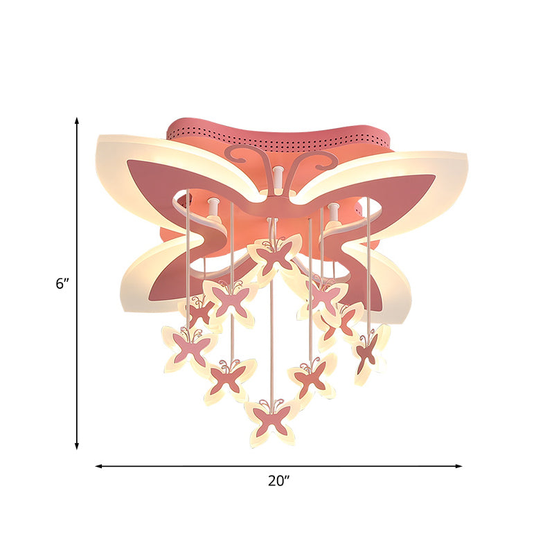 LED Bedroom Flush Light: Pink Ceiling Mounted Fixture with Butterfly Acrylic Shade in Warm/White Light