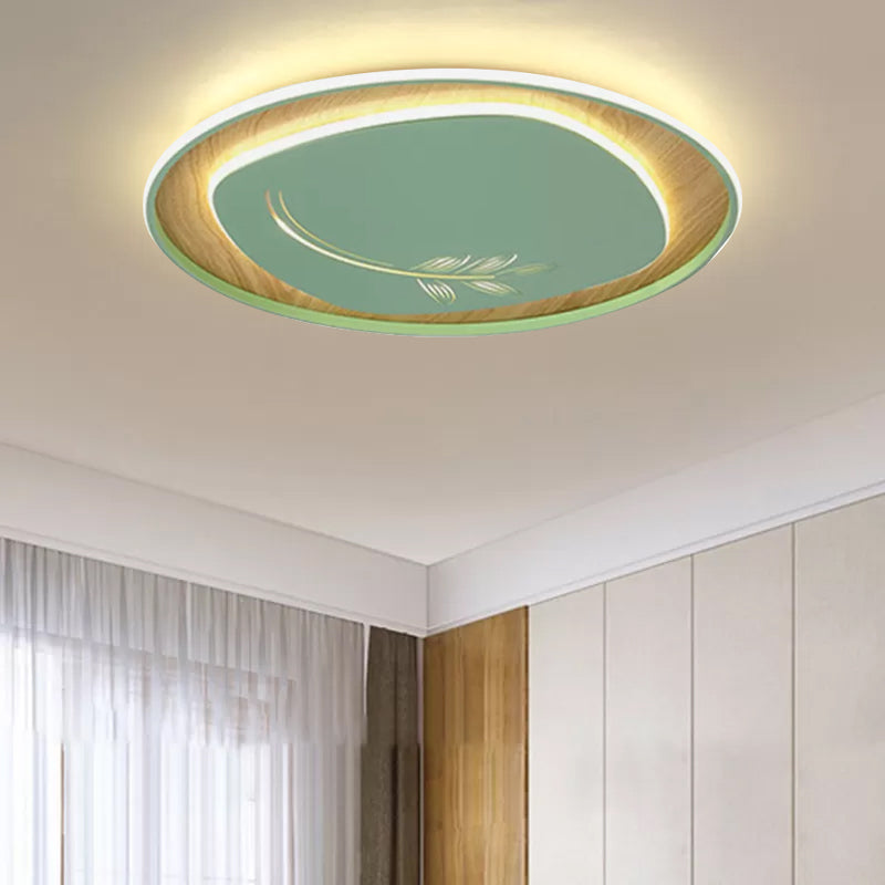 Modern Metal Arc Square Flush Light with LED, Black/Grey/Green, Ceiling Flush, Round Wood Canopy - 16"/19.5" Wide