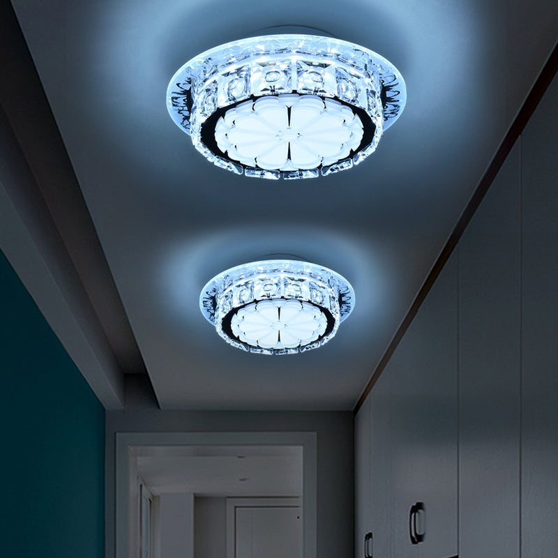 Simple Drum Clear Crystal Flush Mount Lighting with 5 Lights – White Acrylic Shade for Corridor Ceiling