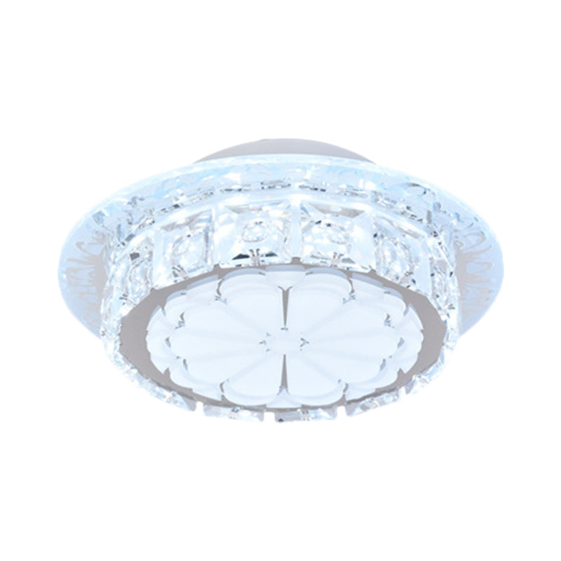 Simple Drum Clear Crystal Flush Mount Lighting with 5 Lights – White Acrylic Shade for Corridor Ceiling