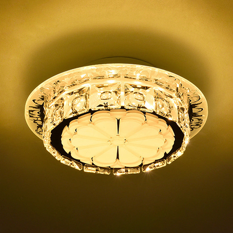 Simple Drum Clear Crystal Flush Mount Lighting with 5 Lights – White Acrylic Shade for Corridor Ceiling