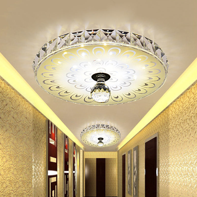 Round Flush Mount LED Crystal Ceiling Light in White with Peacock Tail Pattern - Warm/White Light