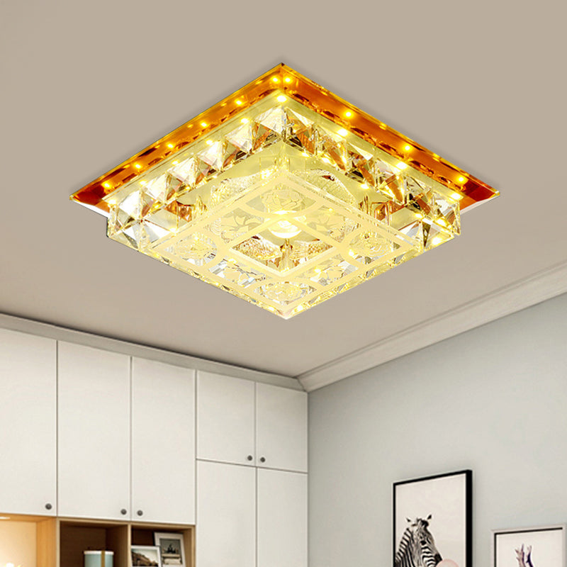 Modern LED Crystal Flush Ceiling Light Fixture in Tan - Square Block Design with Warm/White/Natural Light for Living Room