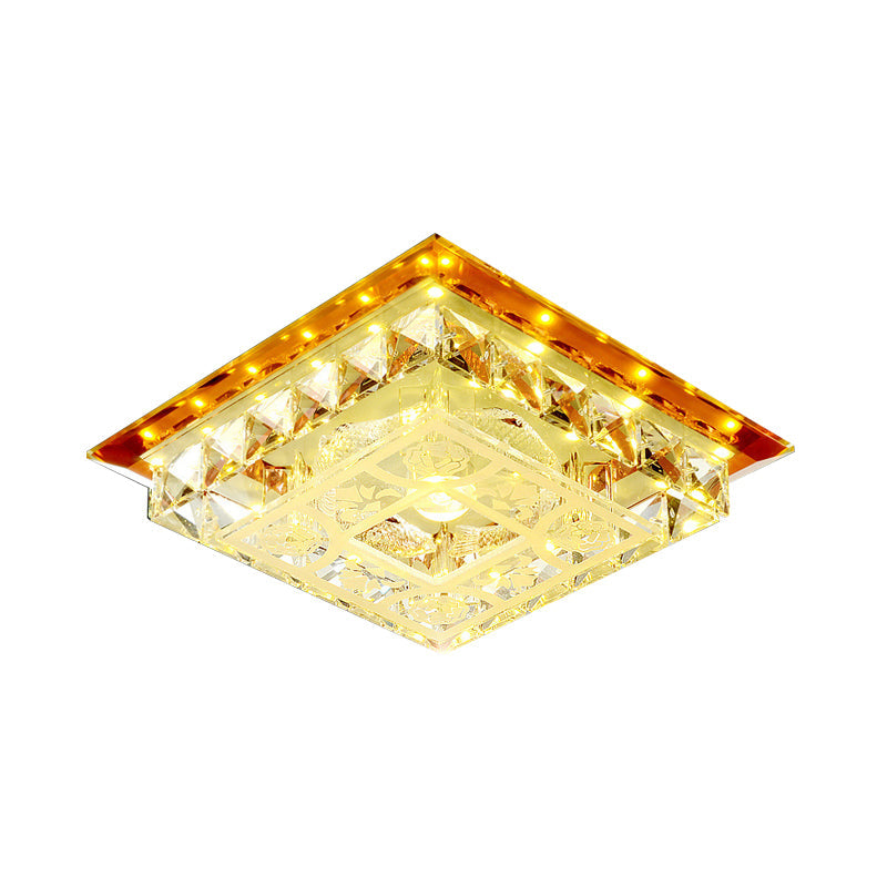 Modern LED Crystal Flush Ceiling Light Fixture in Tan - Square Block Design with Warm/White/Natural Light for Living Room