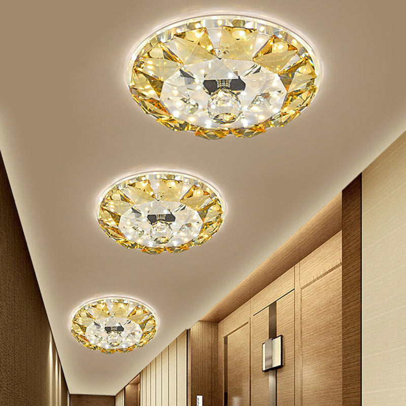 Crystal Flush Mount LED Ceiling Lamp in Yellow - Simple Round Design, Warm/White Light