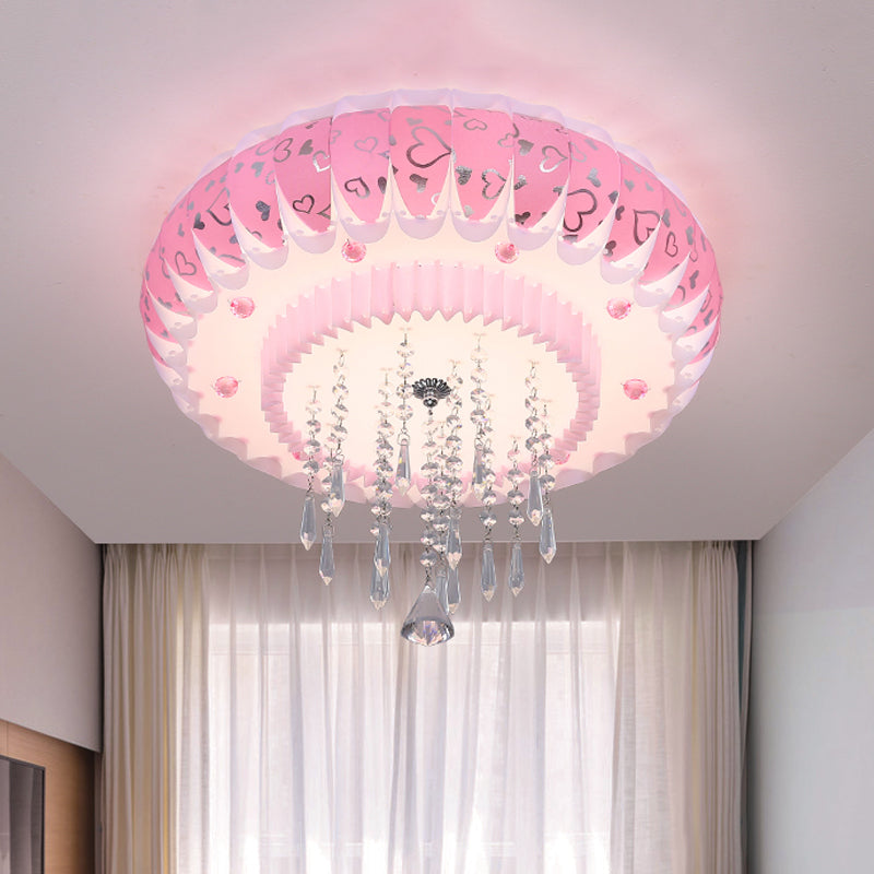 Modern LED Crystal Flush Mount Ceiling Light with Pink Drum Shade, Perfect for Living Rooms