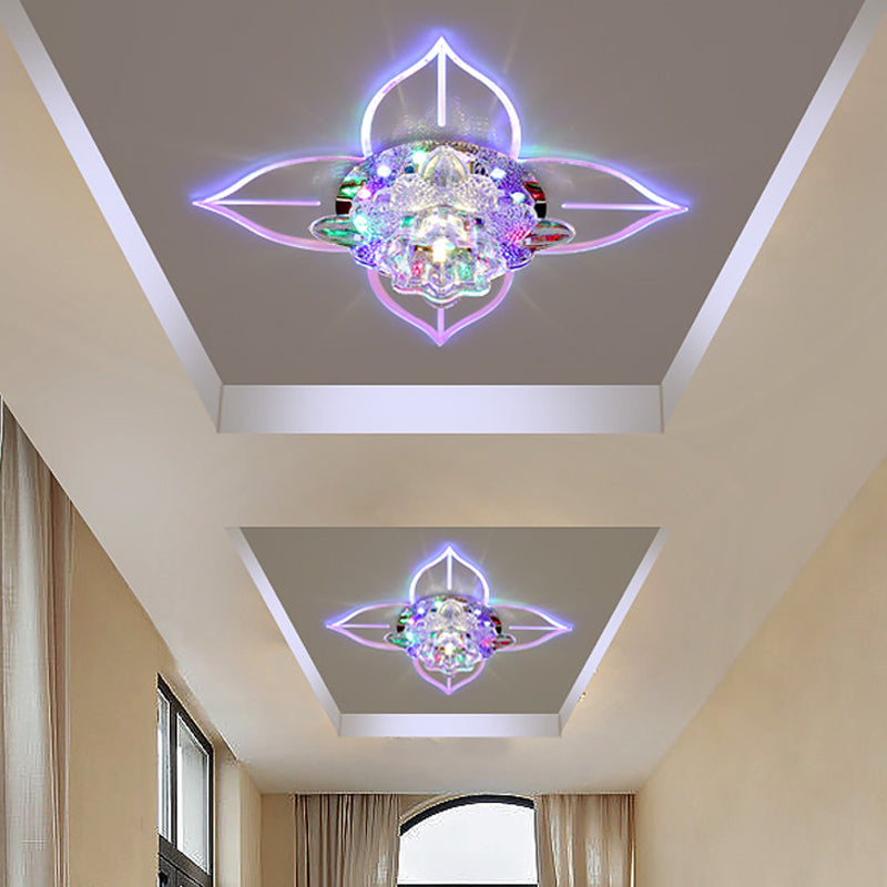 Modernist LED Crystal Ceiling Flush Light in White with Leaf Design and Multi-Color Light Options