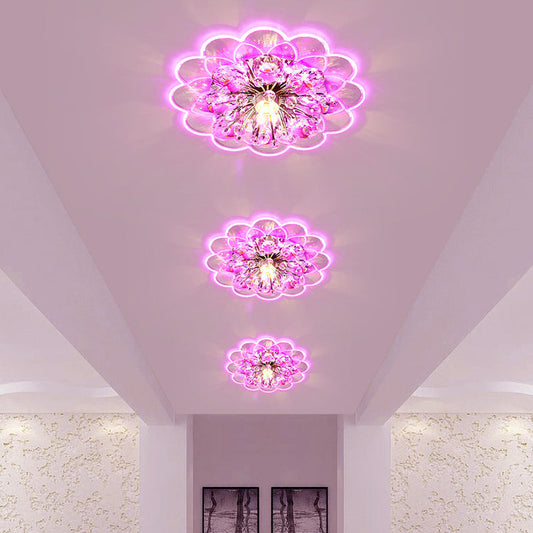 Modern Floral LED Flush Mount Ceiling Light with Beveled Crystal in Red for Porch, with Pink, White, and Warm Light Options.