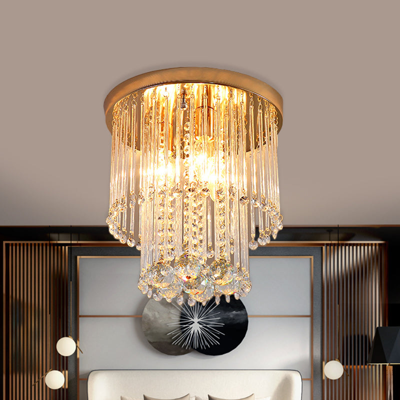 Flush Mount Clear Crystal Ceiling Light Fixture in Gold - Double Layered Cylinder Design with 2 Bulbs