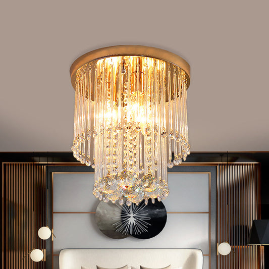 Flush Mount Clear Crystal Ceiling Light Fixture in Gold - Double Layered Cylinder Design with 2 Bulbs