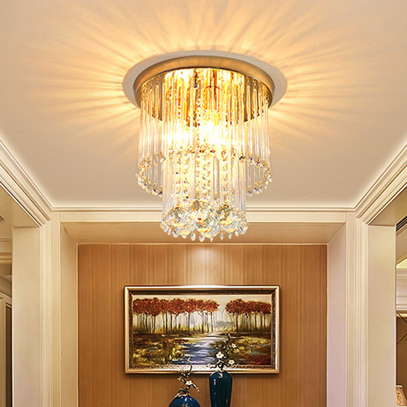 Flush Mount Clear Crystal Ceiling Light Fixture in Gold - Double Layered Cylinder Design with 2 Bulbs