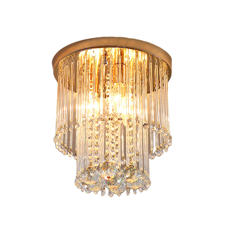Flush Mount Clear Crystal Ceiling Light Fixture in Gold - Double Layered Cylinder Design with 2 Bulbs