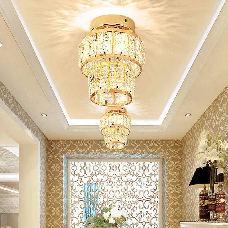 Minimal Style Clear Crystal Block LED Flush Mount Lantern/Cylinder Porch Ceiling Light - Gold