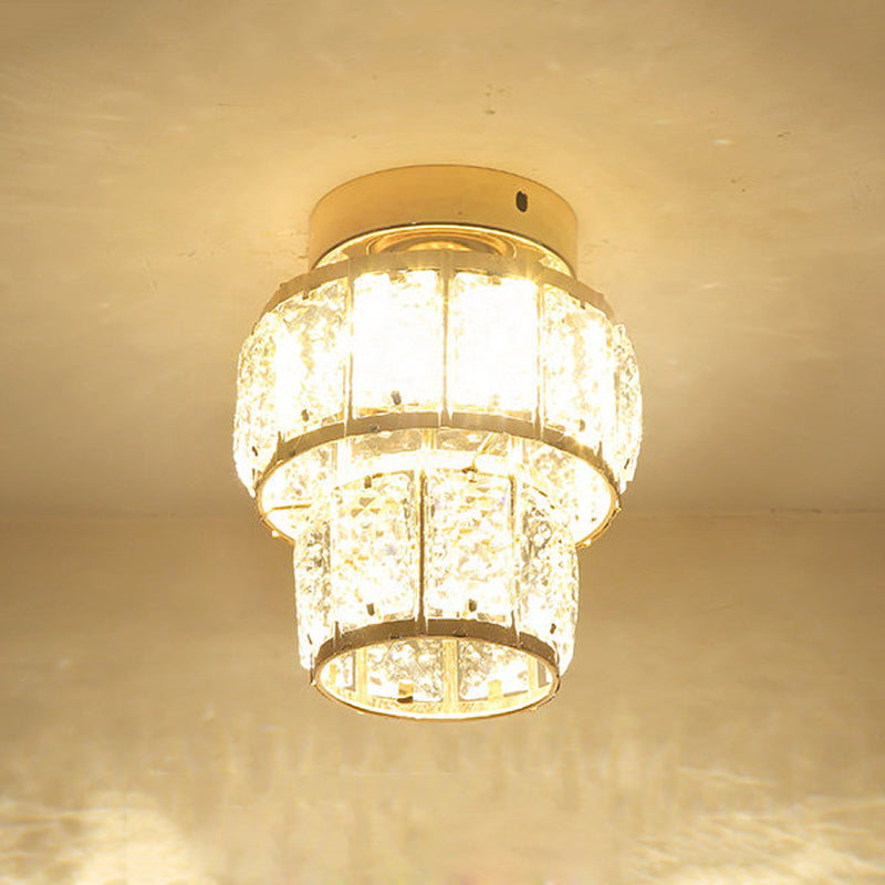 Minimal Style Clear Crystal Block LED Flush Mount Lantern/Cylinder Porch Ceiling Light - Gold
