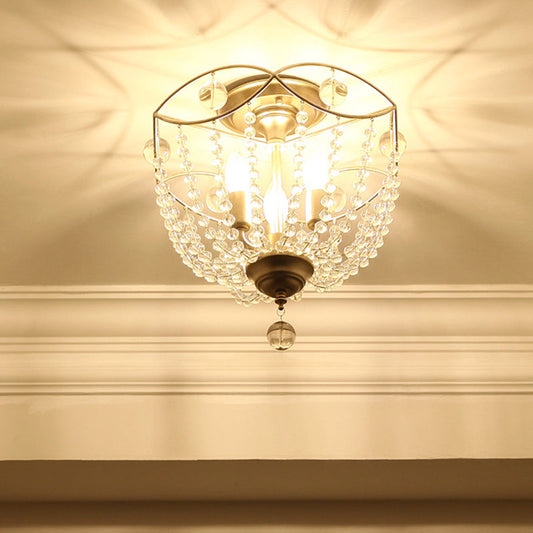 Rustic Basket 3-Light Crystal Strand Semi Flush Ceiling Mount in Gold - Bedroom Lighting