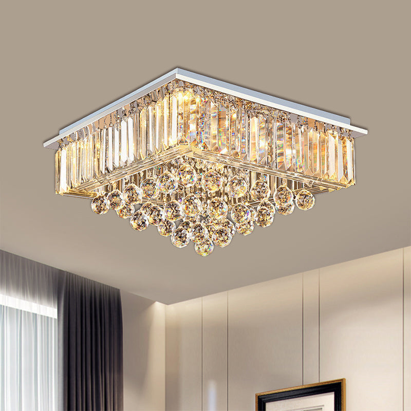 Minimalist Crystal Square Flush Mount Light - 5-Head Chrome Ceiling Fixture
