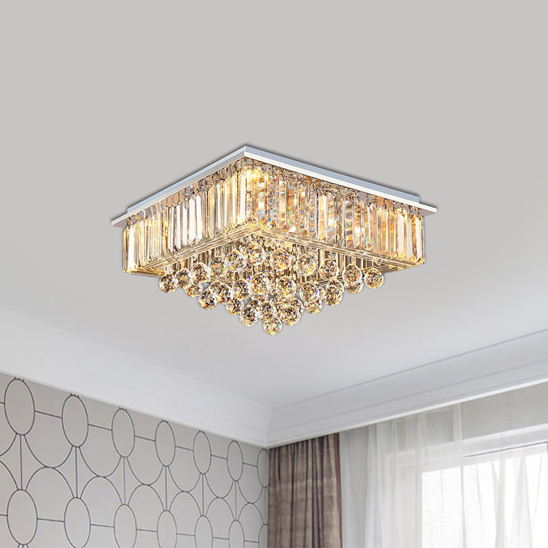 Minimalist Crystal Square Flush Mount Light - 5-Head Chrome Ceiling Fixture