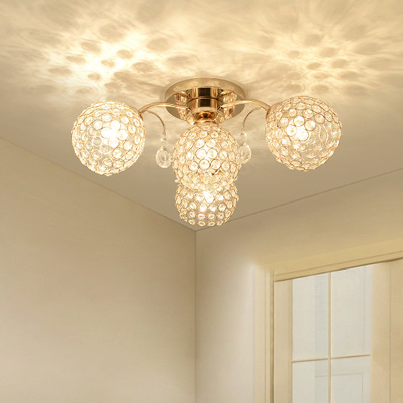 Minimalist Gold Semi-Flush Mount Light with Crystal-Embedded Shade - 6/9 Heads Ceiling Fixture