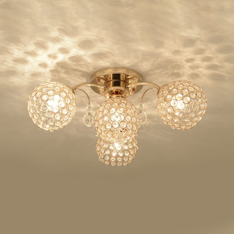 Minimalist Gold Semi-Flush Mount Light with Crystal-Embedded Shade - 6/9 Heads Ceiling Fixture
