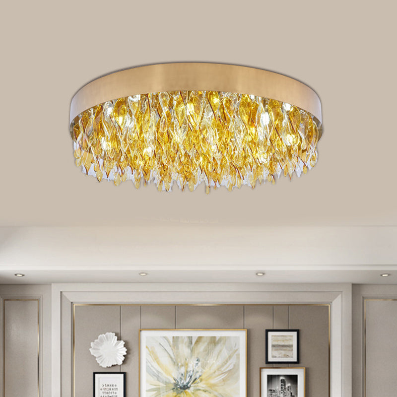 Contemporary Amber Crystal Teardrop Flush Mount Ceiling Fixture - 6 Lights - Bedroom - Gold