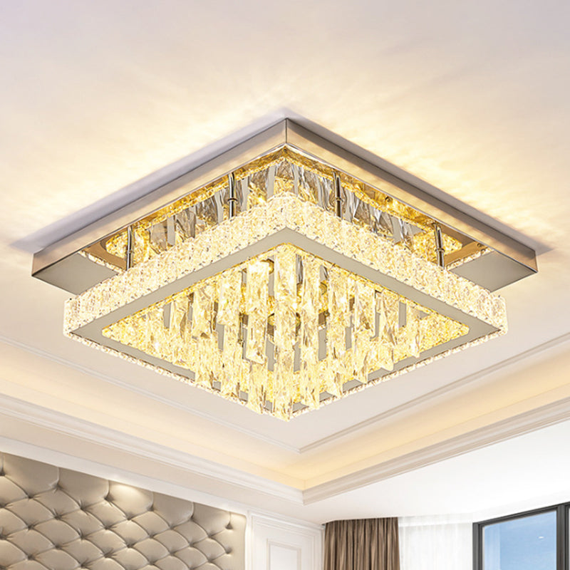 Modern LED Flush Mount Ceiling Light - Chrome Square Frame with Clear Crystal & Waterfall Design for Bedroom