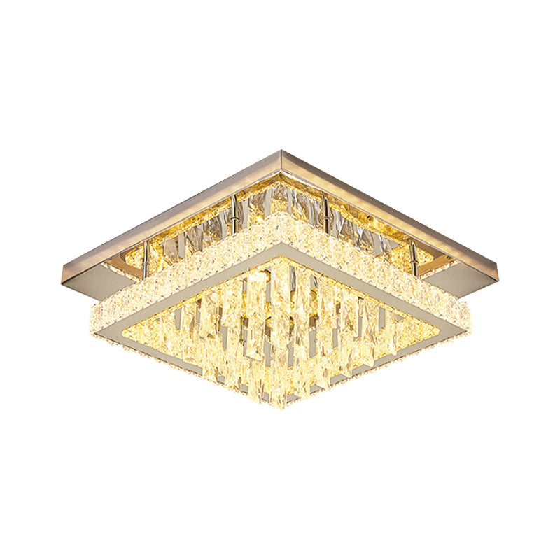Modern LED Flush Mount Ceiling Light - Chrome Square Frame with Clear Crystal & Waterfall Design for Bedroom