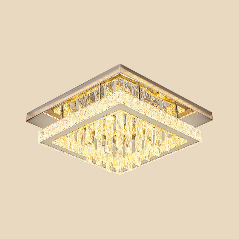Modern LED Flush Mount Ceiling Light - Chrome Square Frame with Clear Crystal & Waterfall Design for Bedroom