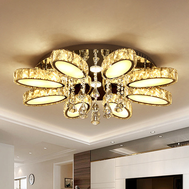 Plafonnier chromé moderniste Blossom avec cristal transparent, 6/8 têtes - Idéal pour le salon