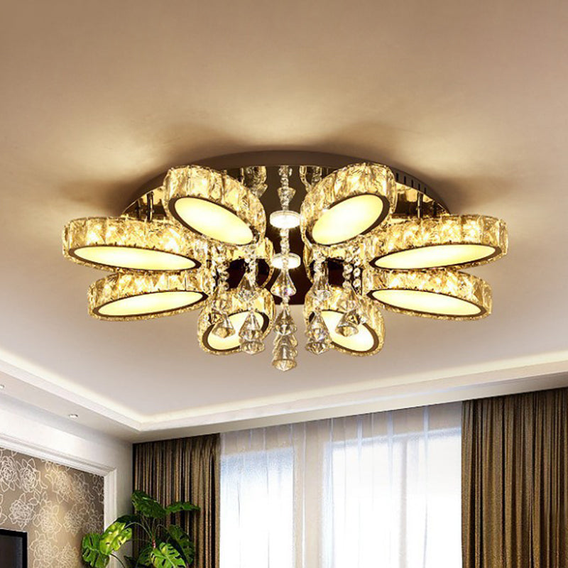 Plafonnier chromé moderniste Blossom avec cristal transparent, 6/8 têtes - Idéal pour le salon