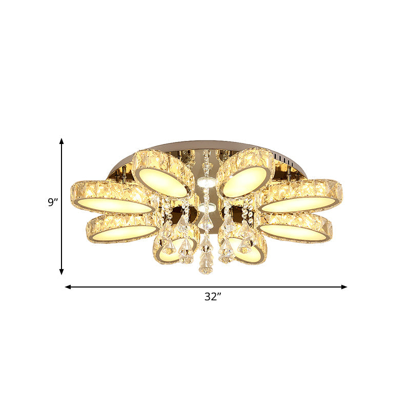 Modernist Blossom Chrome Flushmount Light With Clear Crystal 6/8 Heads - Ideal For Living Room