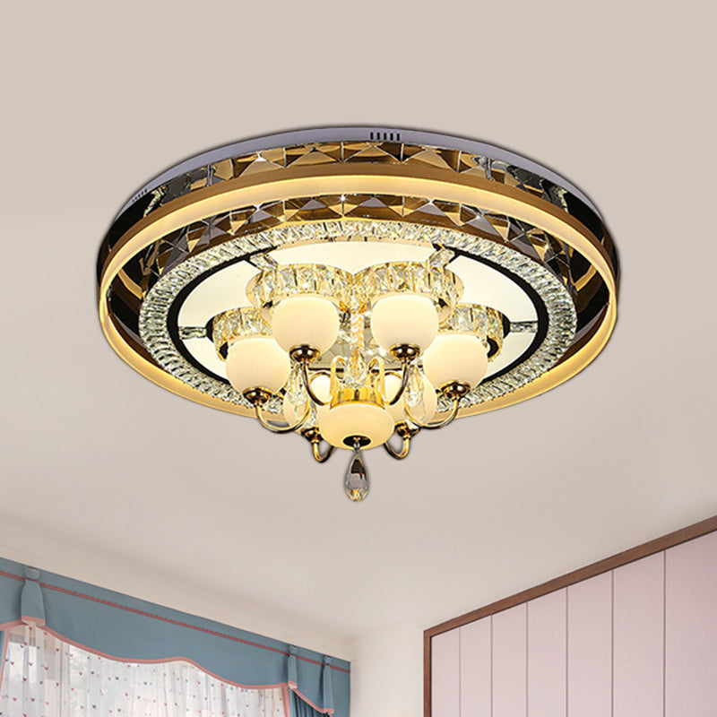 Gold LED Crystal Flush Mount Ceiling Light with Remote Dimming and Opal Shade".
