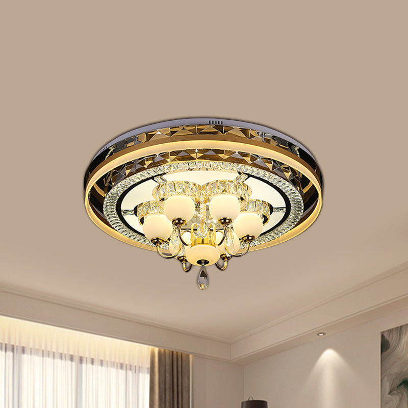 Gold LED Crystal Flush Mount Ceiling Light with Remote Dimming and Opal Shade".