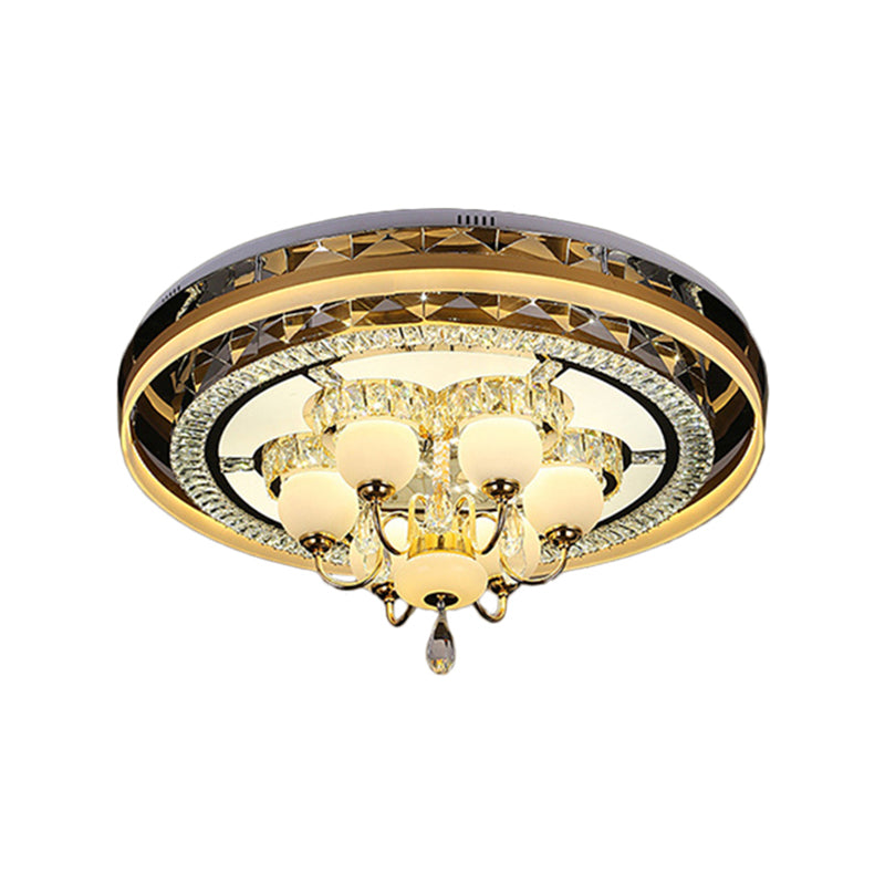 Gold LED Crystal Flush Mount Ceiling Light with Remote Dimming and Opal Shade".
