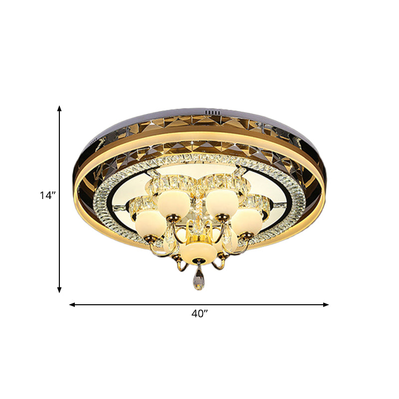 Gold LED Crystal Flush Mount Ceiling Light with Remote Dimming and Opal Shade".